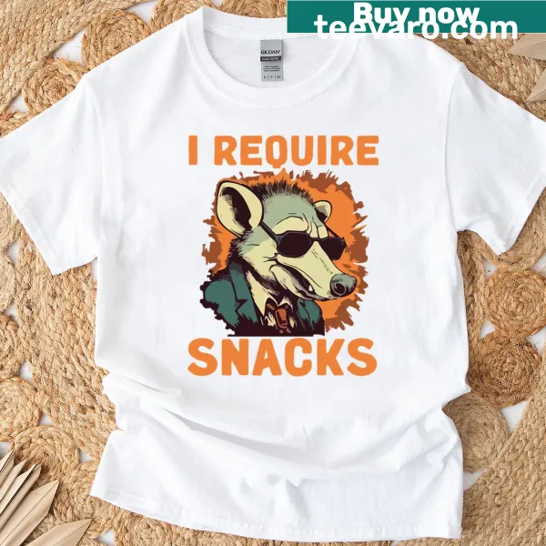 Funny opossum graphic demanding snacks on a t-shirt