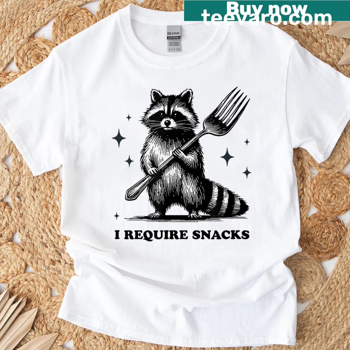 Illustrated raccoon with snacks on T-shirt — on a men's t-shirt