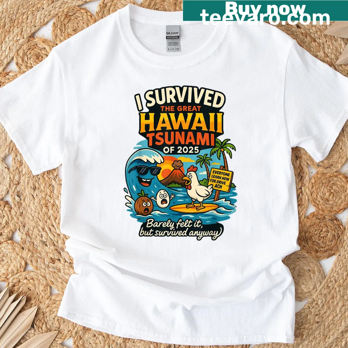 Cartoonish design of a tsunami with humorous text — on a men's t-shirt
