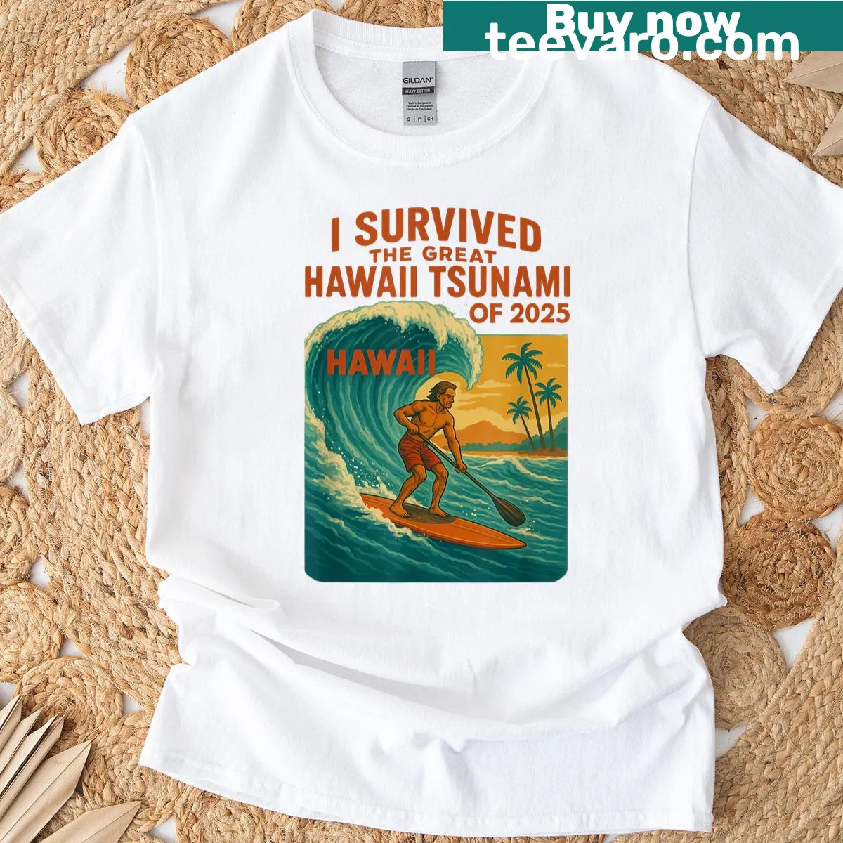 T-shirt featuring a paddle boarder and text about surviving the 2025 tsunami — on a men's t-shirt