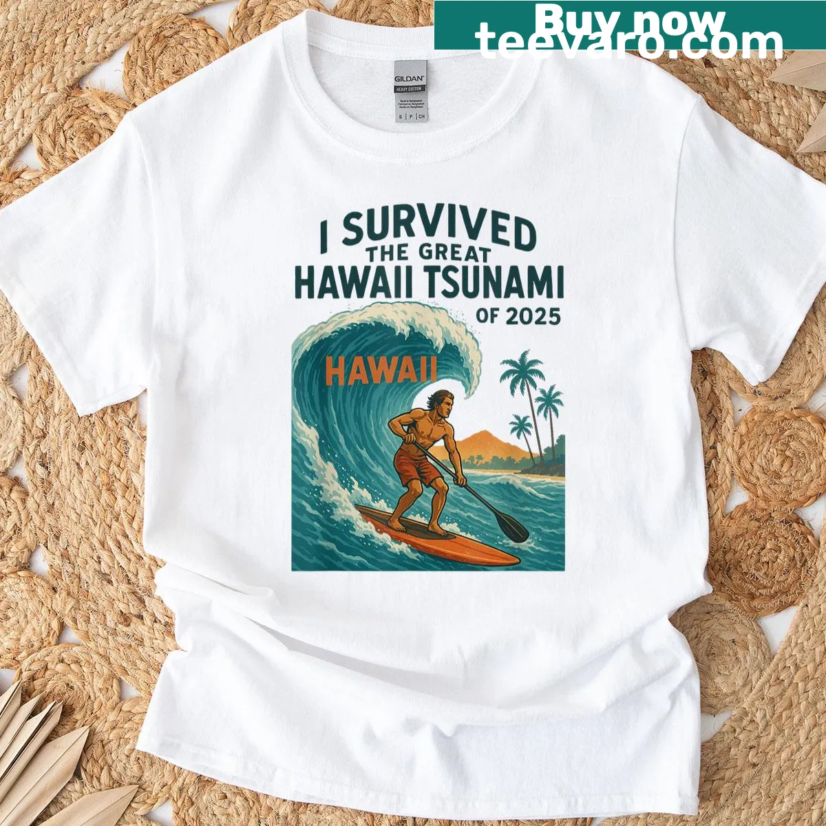 Inspirational t-shirt about surviving a tsunami with paddle boarding theme — on a men's t-shirt