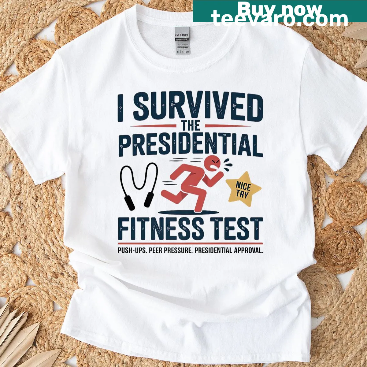 Retro 90s fitness challenge t-shirt with humorous design — on a men's t-shirt