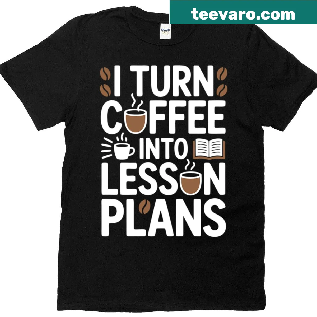 Funny teacher T-shirt featuring coffee and lesson plans graphic. — on a men's t-shirt