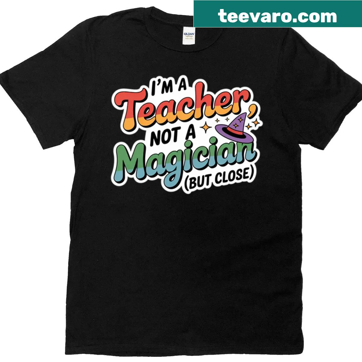 Humorous T-shirt for teachers stating they are close to magicians. — on a men's t-shirt