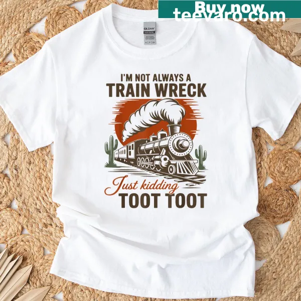 Funny train wreck themed t-shirt with playful typography