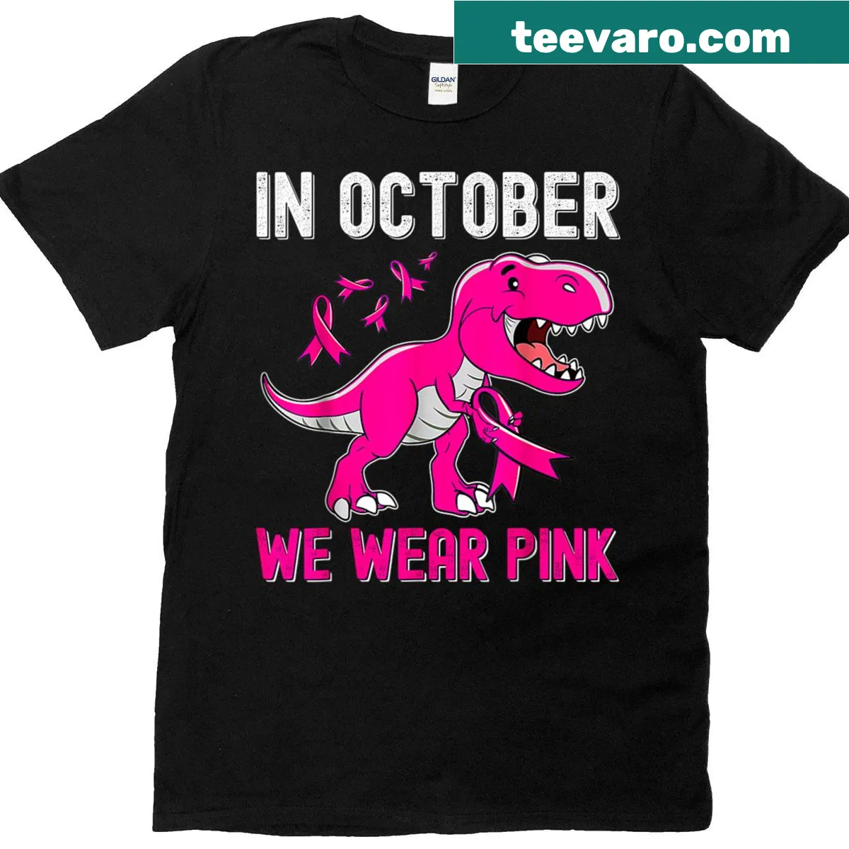 Kids T-shirt with a Trex dinosaur and 'In October We Wear Pink' text — on a men's t-shirt
