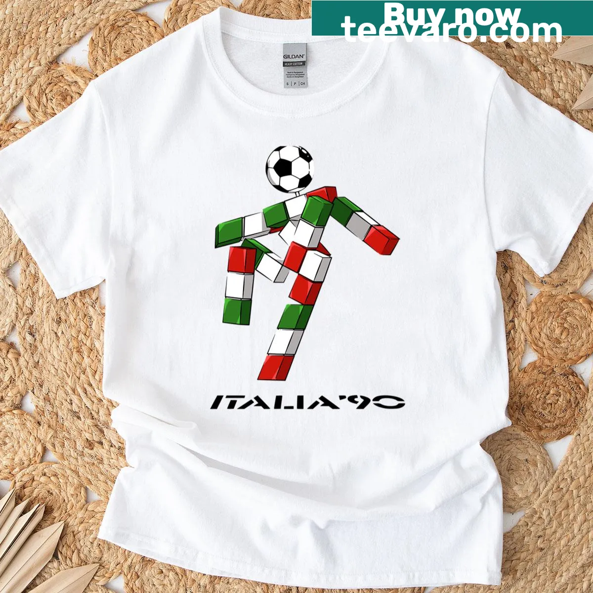 Vintage-style t-shirt celebrating Italia 90 World Cup — on a men's t-shirt