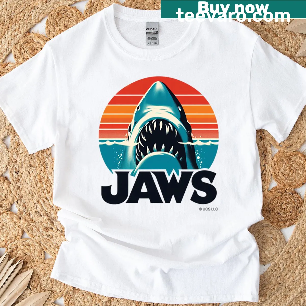 Retro Jaws themed t-shirt with iconic design — on a men's t-shirt