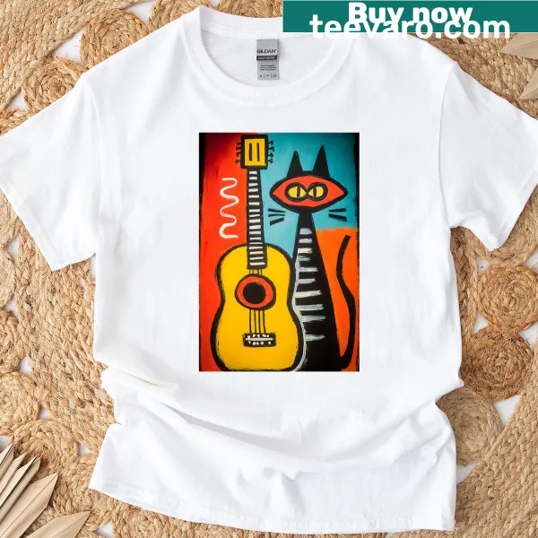 Playful T-shirt with a cat and yellow guitar illustration