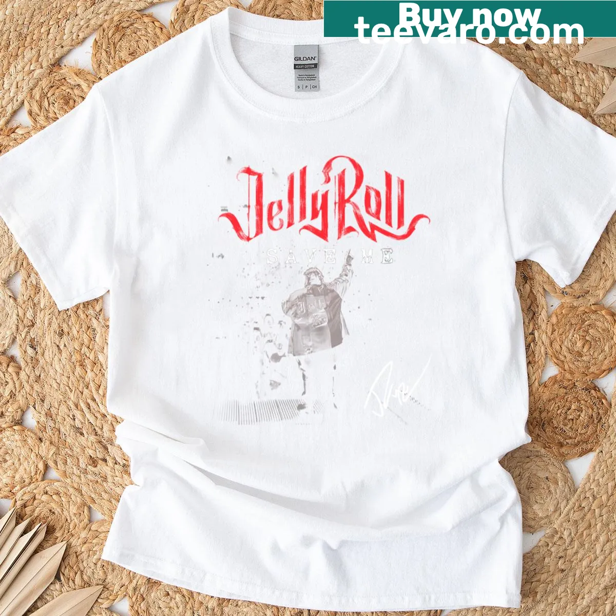 Vintage-style t-shirt with Jelly Roll automotive graphic — on a men's t-shirt
