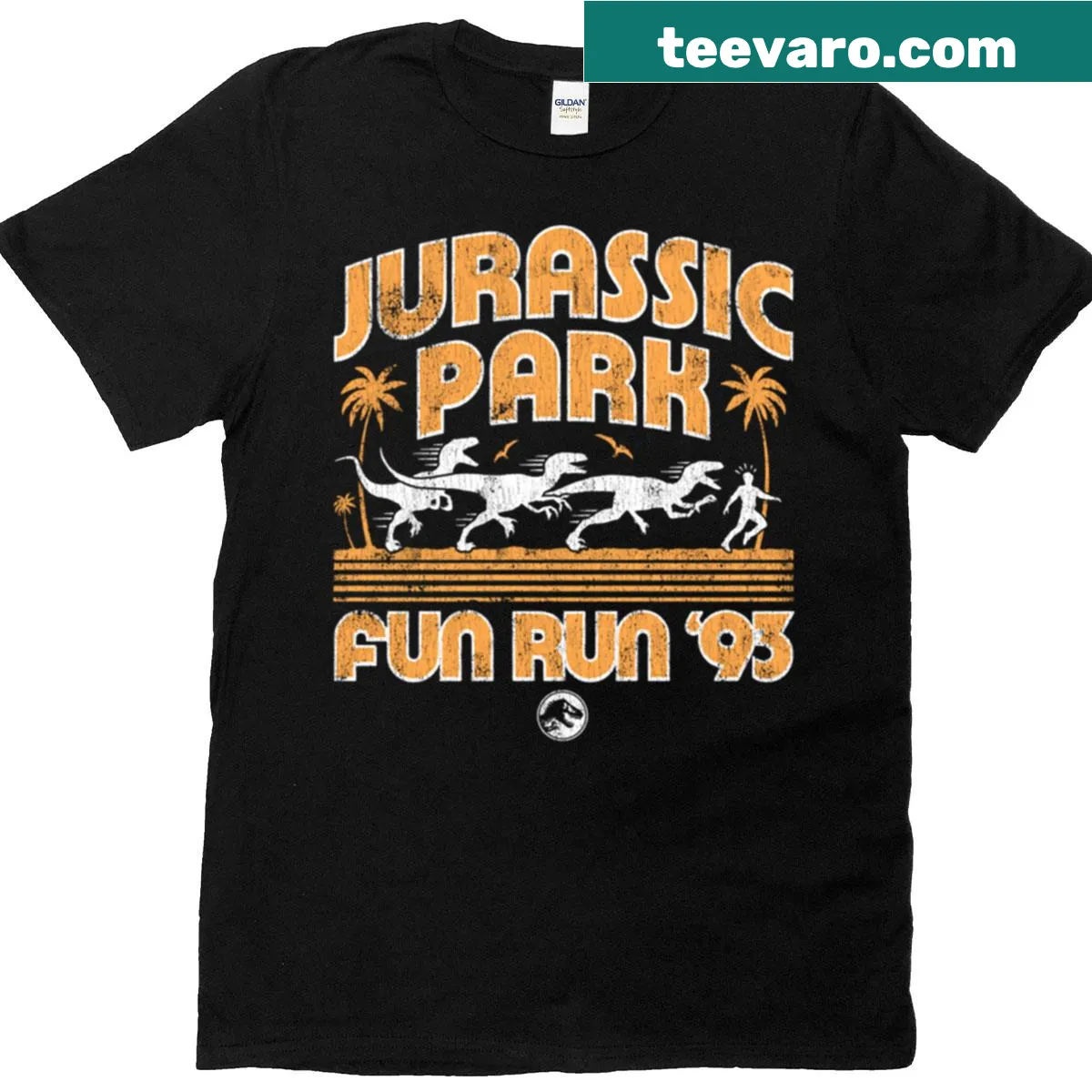 Vintage Jurassic Park dinosaur fun run t-shirt — on a men's t-shirt