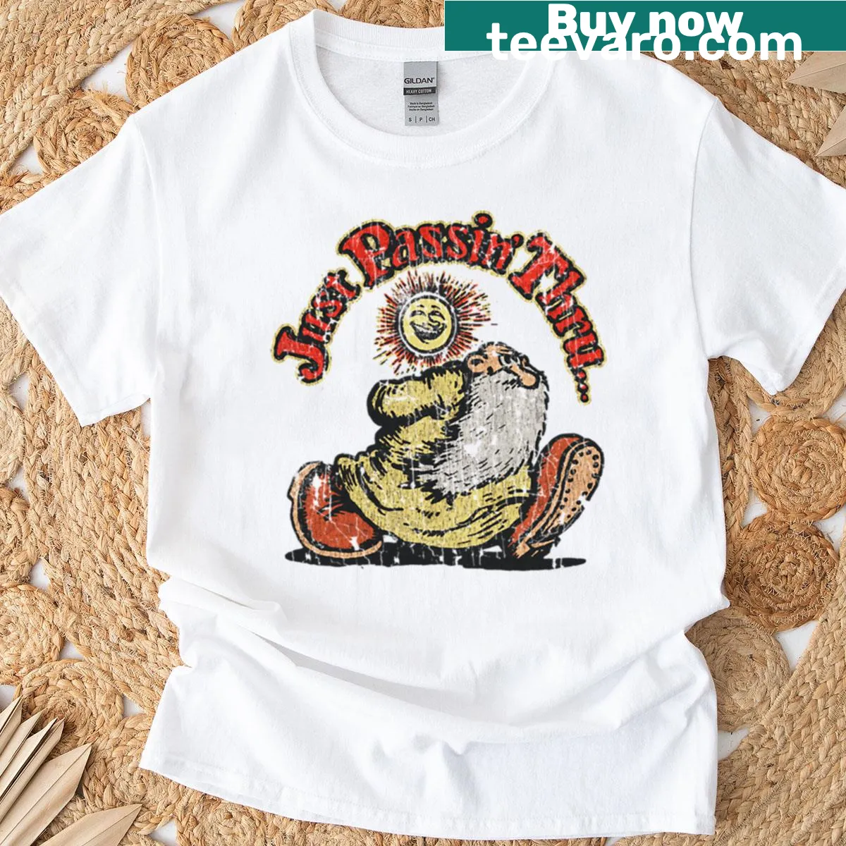 Vintage T-shirt with 'Just Passin Thru 1967' text — on a men's t-shirt