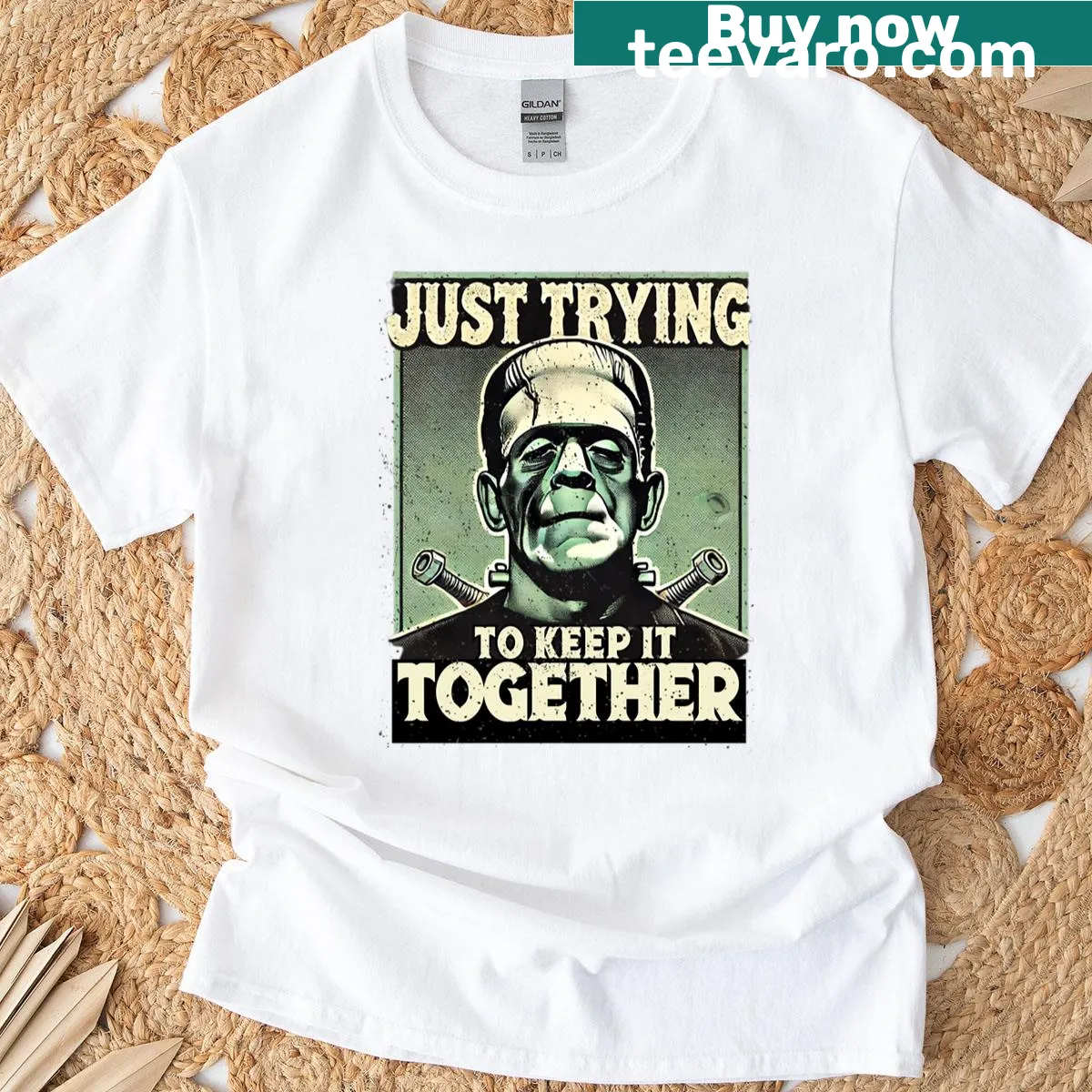 Cartoon Frankenstein Halloween t-shirt with humorous caption — on a men's t-shirt