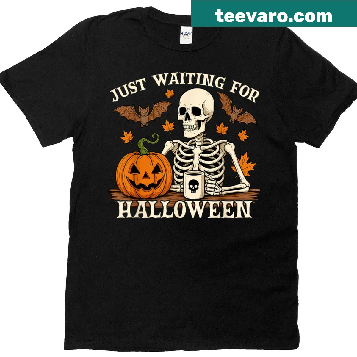 Halloween t-shirt featuring a skeleton with coffee — on a men's t-shirt