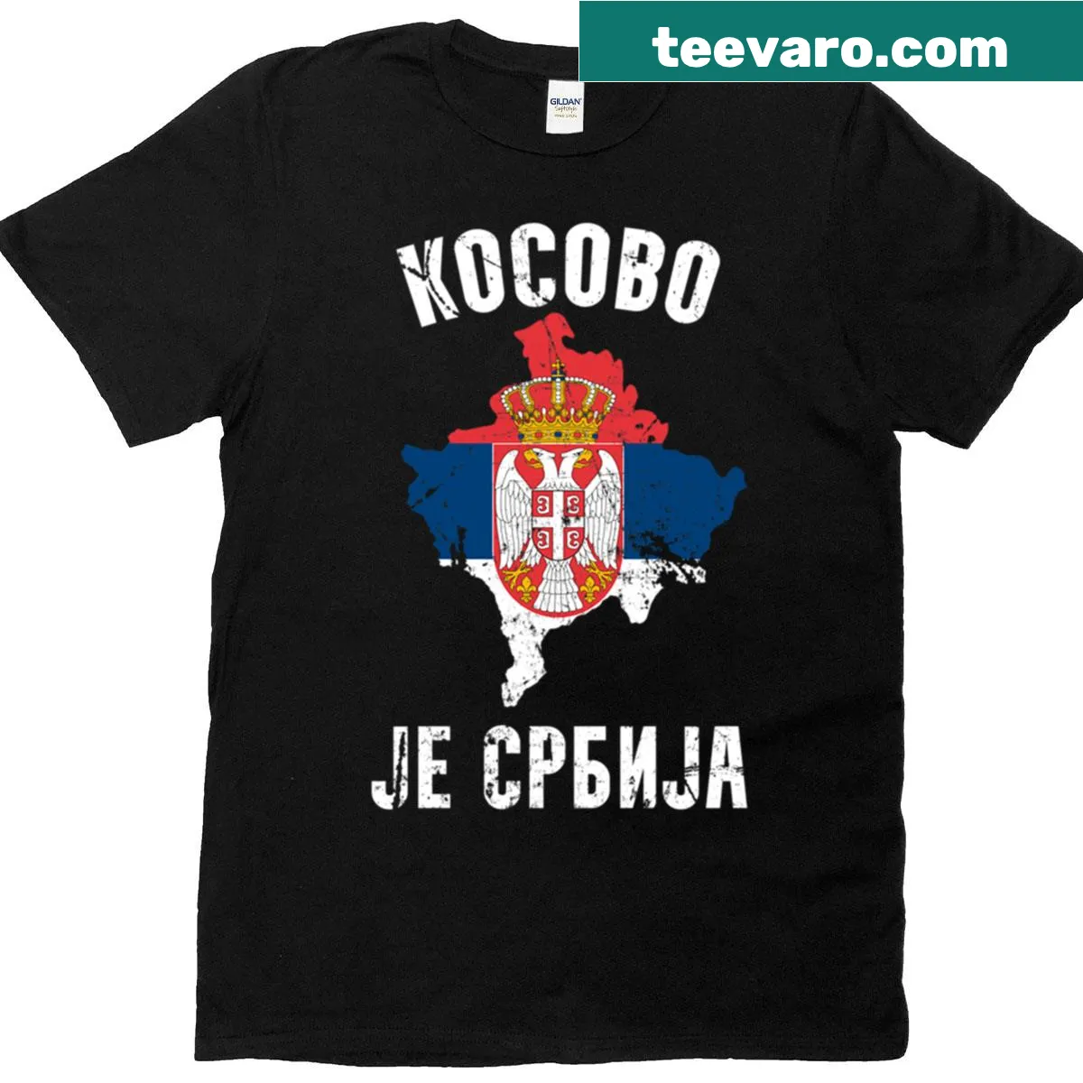 Patriotic t-shirt with the phrase 'Kosovo Is Serbia' and Serbian flag — on a men's t-shirt