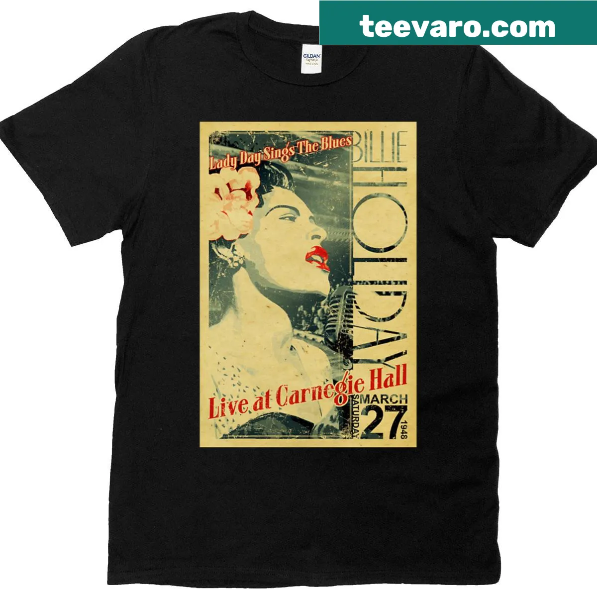 Illustrative t-shirt featuring Billie Holiday design — on a men's t-shirt