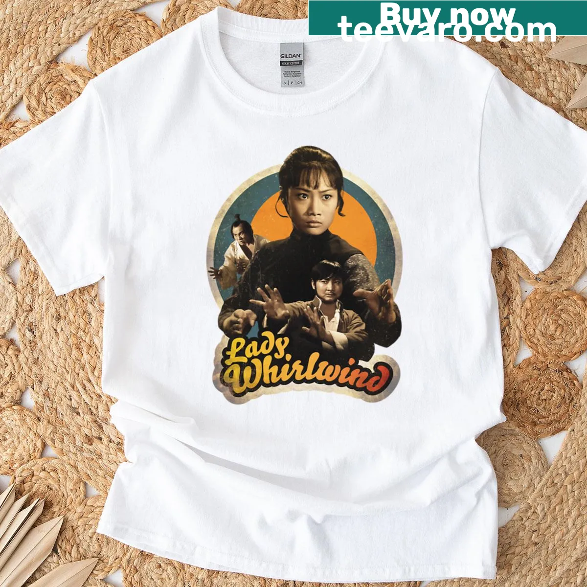 Minimalist vintage T-shirt featuring Lady Whirlwind from 1972 — on a men's t-shirt
