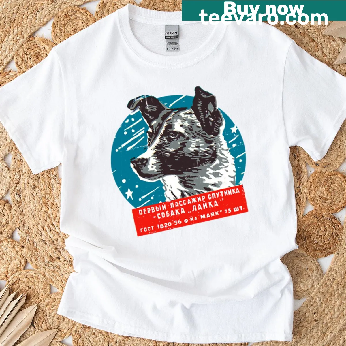 Vintage Laika t-shirt featuring a retro print of the space dog. — on a men's t-shirt