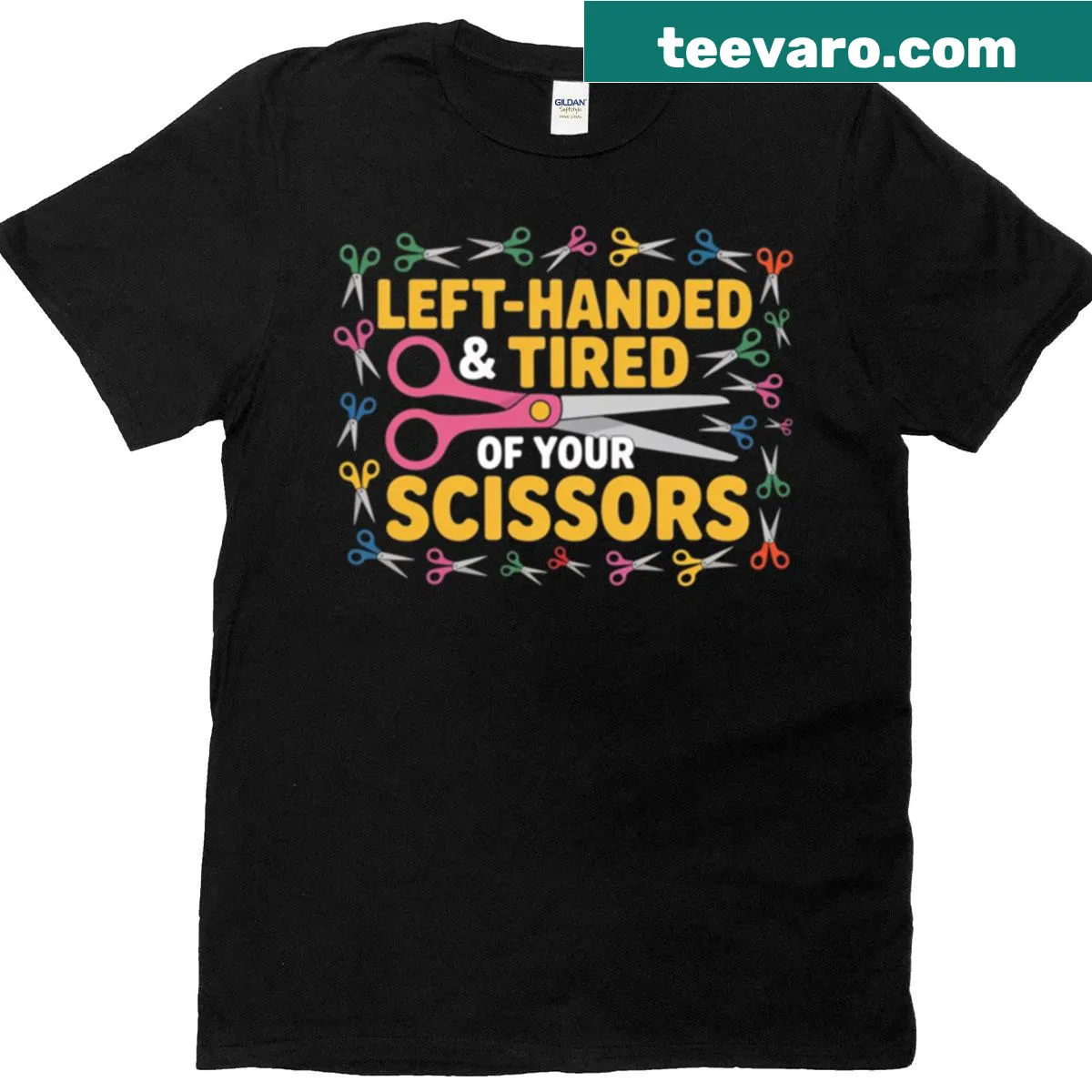 Funny T-shirt for left-handers with 'Tired Of Your Scissors' text — on a men's t-shirt