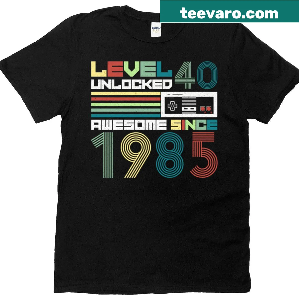 Vintage gamer T-shirt with 'Level 40 Unlocked Awesome Since 1985' text — on a men's t-shirt
