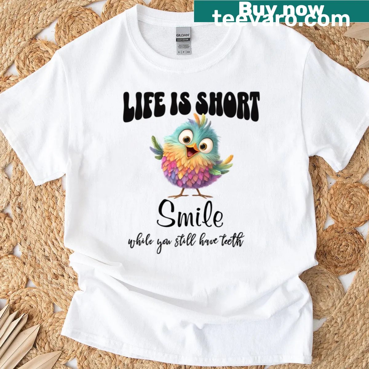 Cute rainbow chick with the text 'Life Is Short Smile' on an oversized t-shirt — on a men's t-shirt