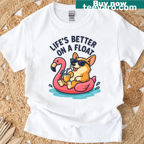 Corgi on a flamingo float illustrated T-shirt design