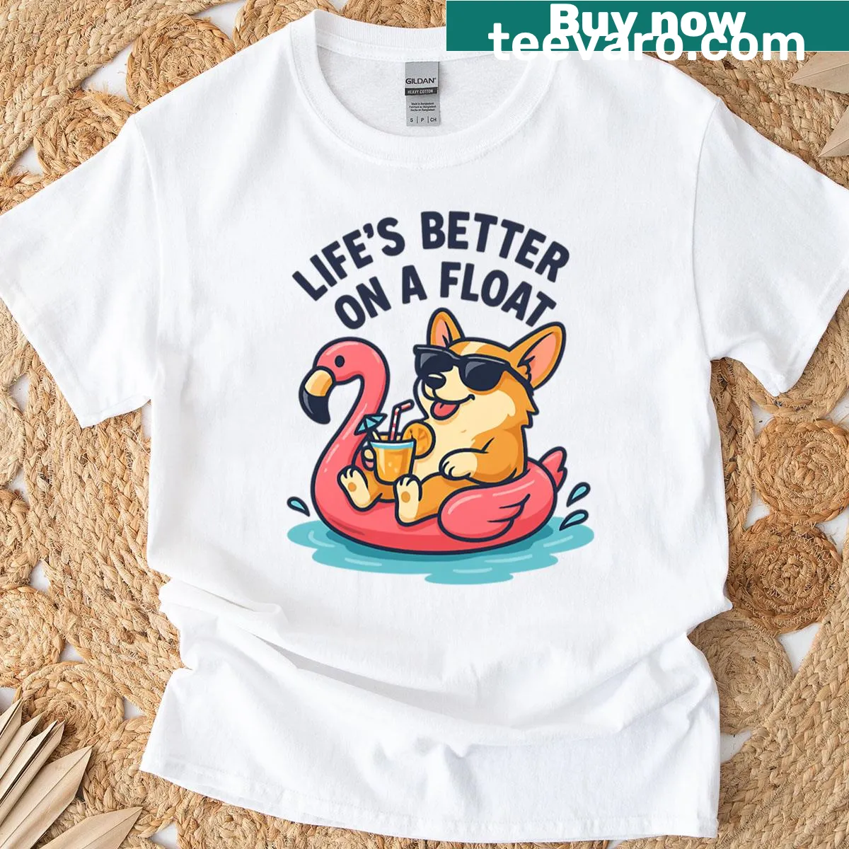 Corgi on a flamingo float illustrated T-shirt design — on a men's t-shirt