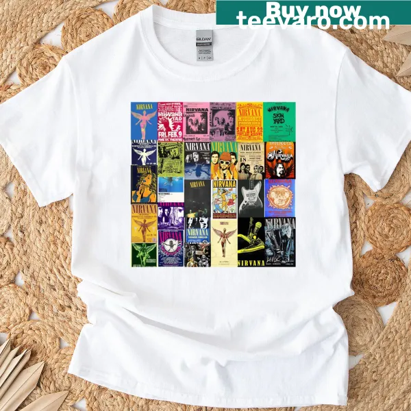 Concert t-shirt celebrating various music genres.