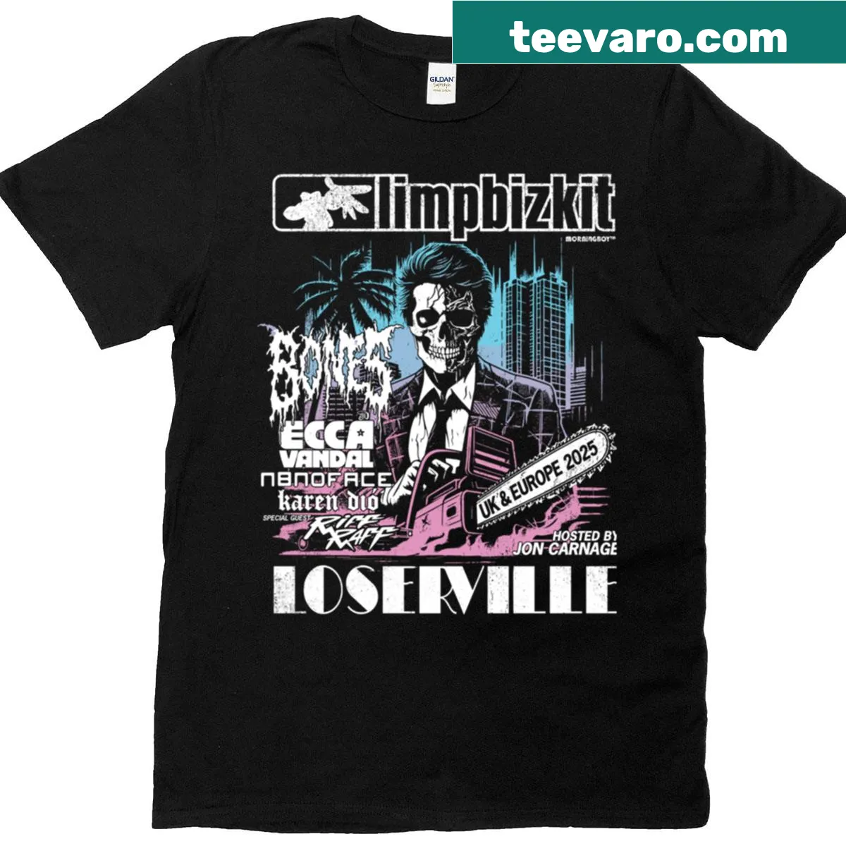 Tour t-shirt for Limp Bizkit featuring a nostalgic design for 2025. — on a men's t-shirt