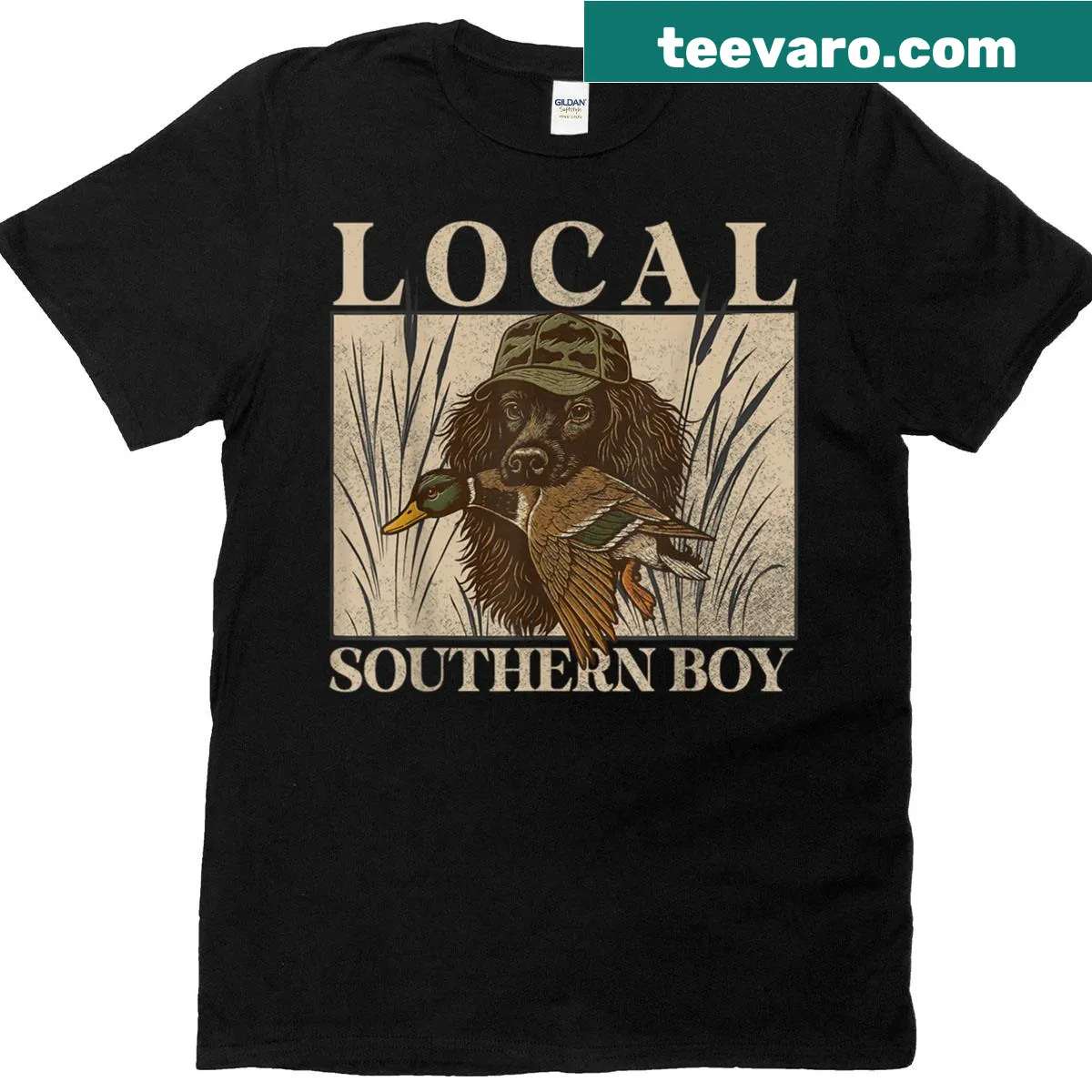 Vintage style duck hunting t-shirt featuring a black lab graphic and text. — on a men's t-shirt
