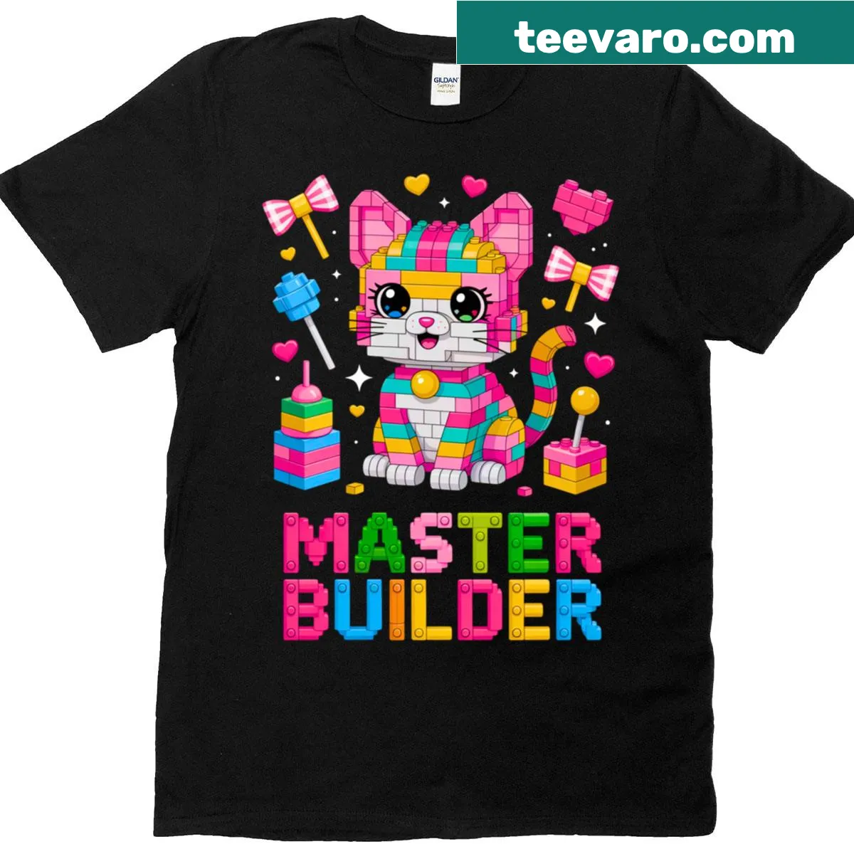 Fun t-shirt for kids featuring building blocks and a cat design — on a men's t-shirt