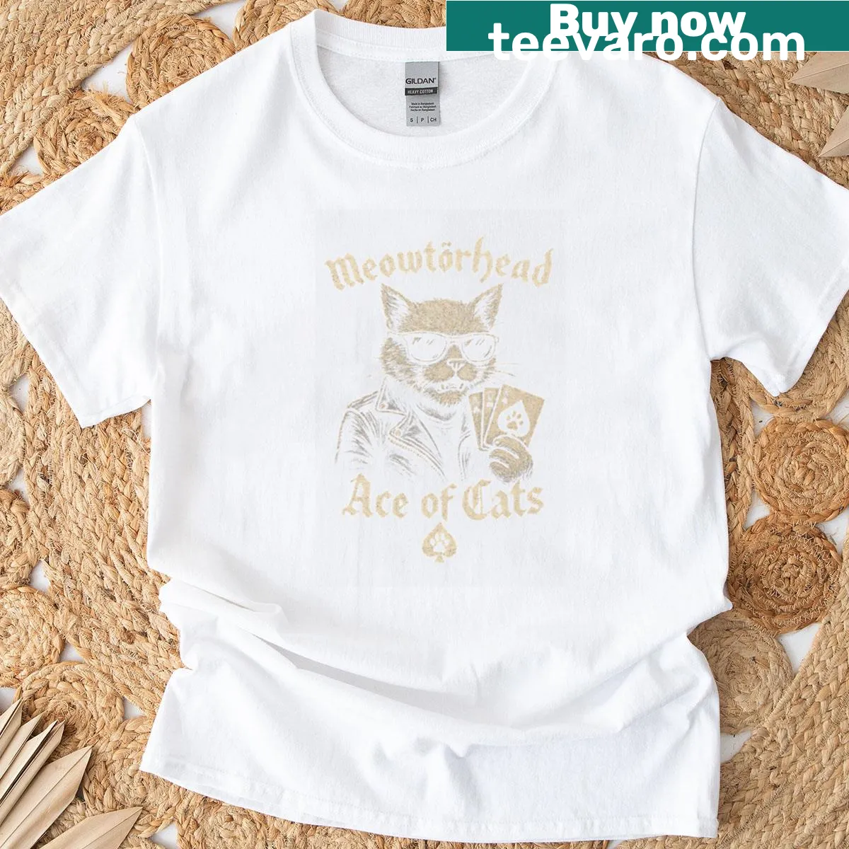 Playful t-shirt featuring a cat-inspired rock band logo — on a men's t-shirt