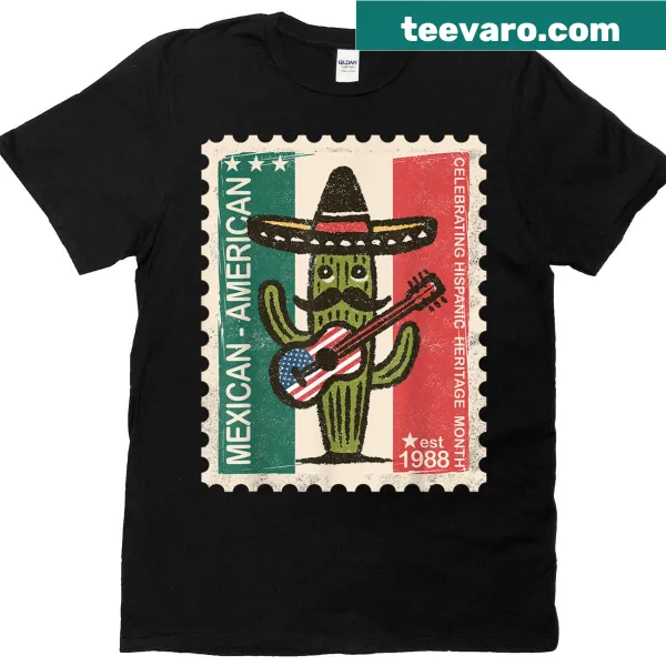 Illustrated T-shirt with cactus, sombrero, and guitar celebrating Hispanic heritage.