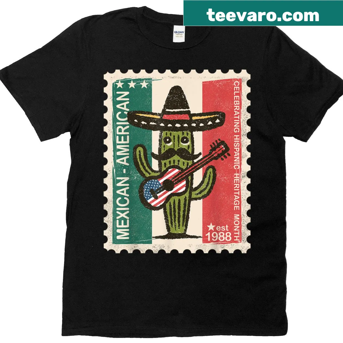 Illustrated T-shirt with cactus, sombrero, and guitar celebrating Hispanic heritage. — on a men's t-shirt