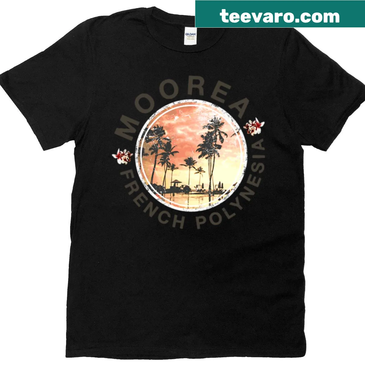 Vintage-style T-shirt featuring a retro sunset graphic inspired by Moorea — on a men's t-shirt