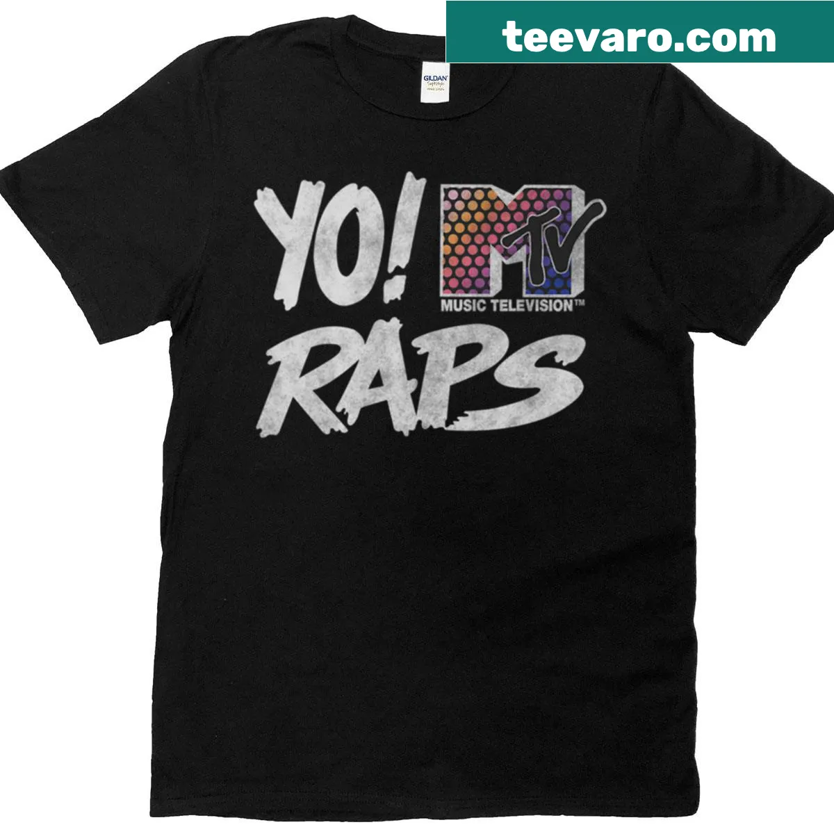 Vintage T-shirt featuring the 'Yo MTV Raps' logo and rainbow print. — on a men's t-shirt