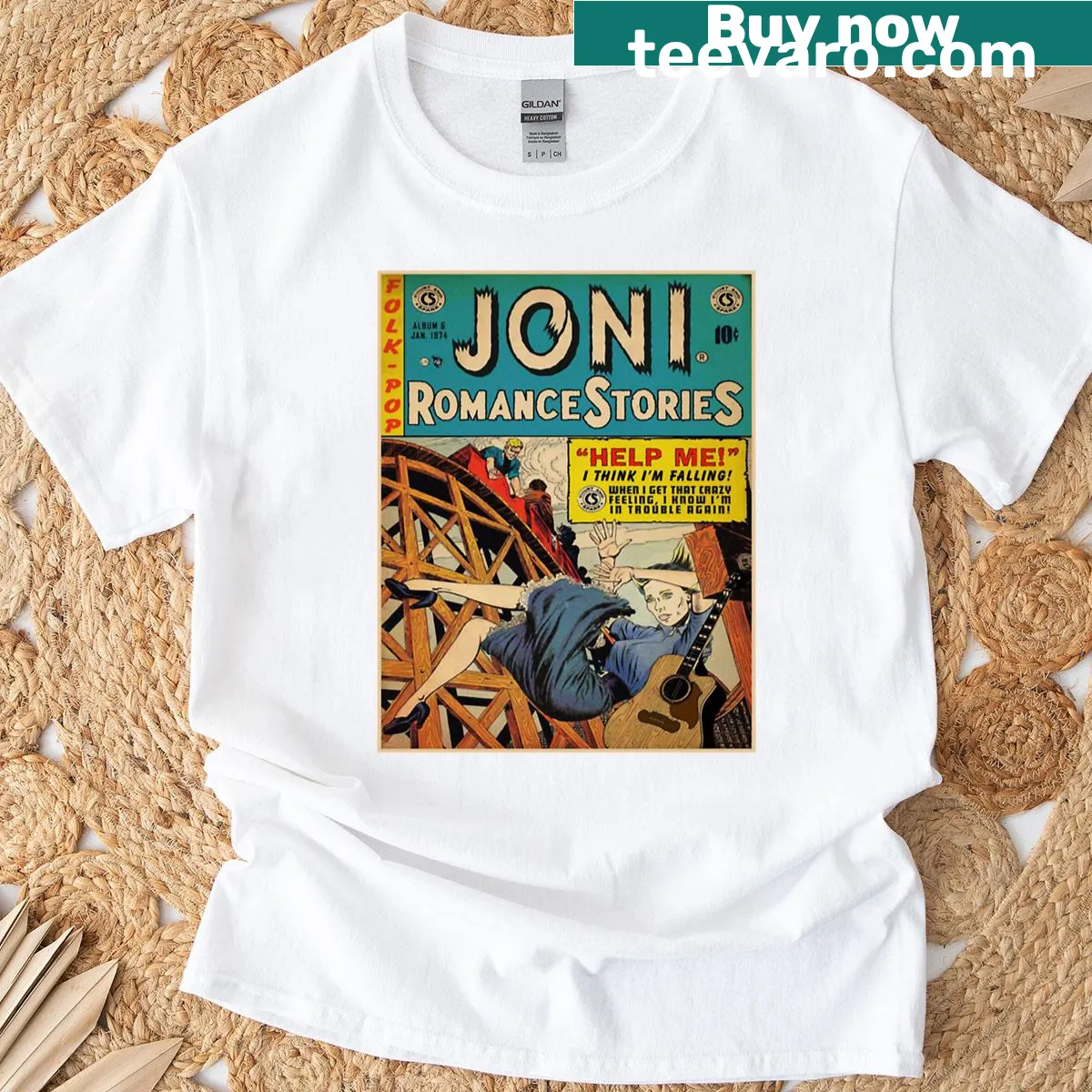 Vintage-style t-shirt featuring imagery celebrating Joni Mitchell — on a men's t-shirt