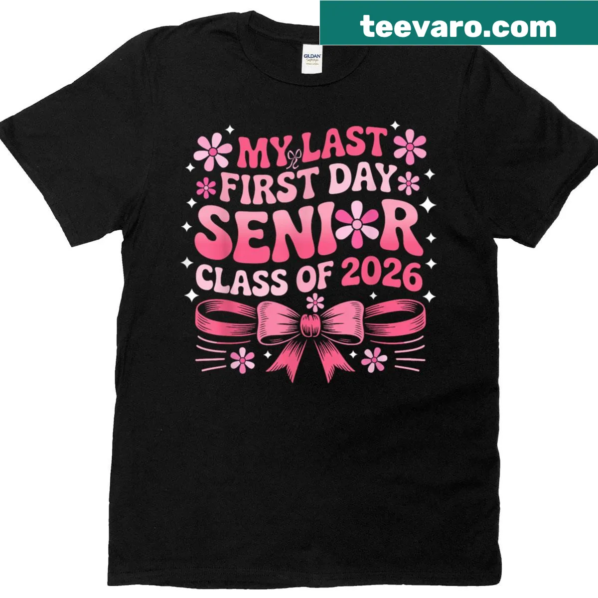 Senior Year 2026 t-shirt with pink bow graphic — on a men's t-shirt