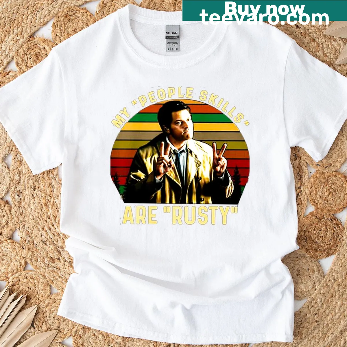 Funny Castiel Supernatural t-shirt with 'My People Skills Are Rusty' text — on a men's t-shirt