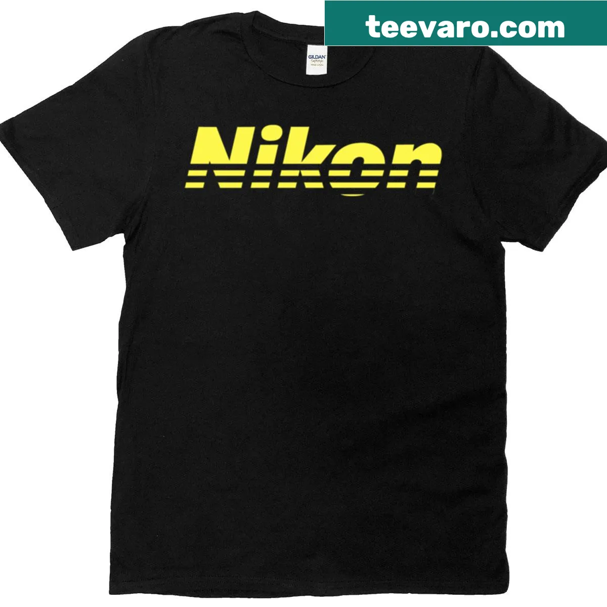 Minimalist Nikon logo t-shirt with yellow typography — on a men's t-shirt