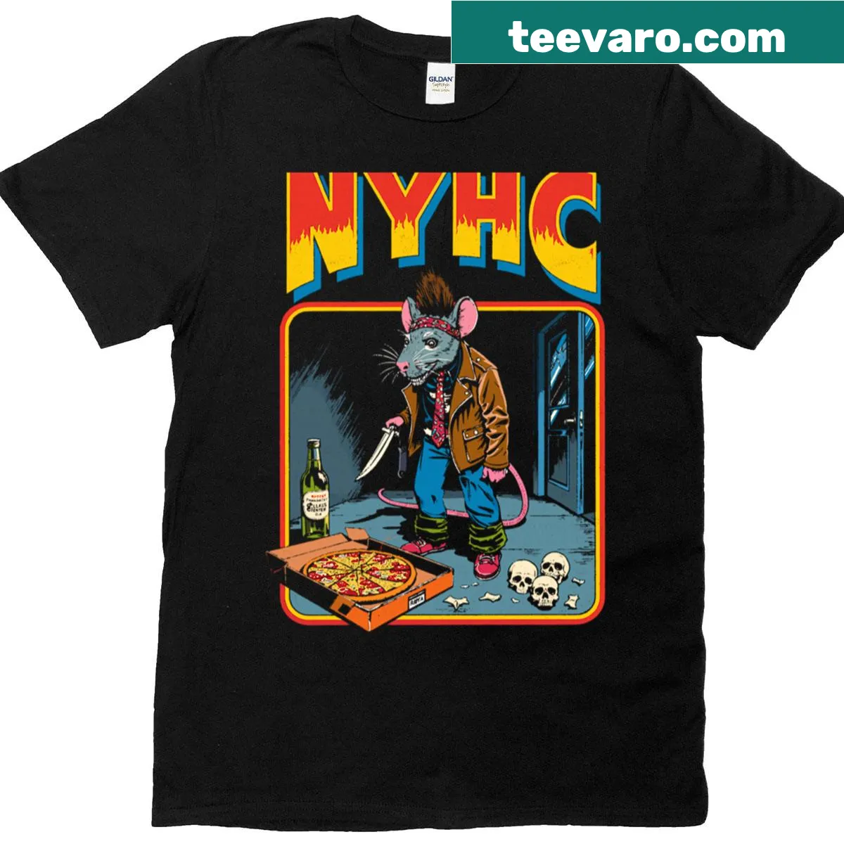 Oversized T-shirt featuring a funny punk rock rat cartoon graphic. — on a men's t-shirt