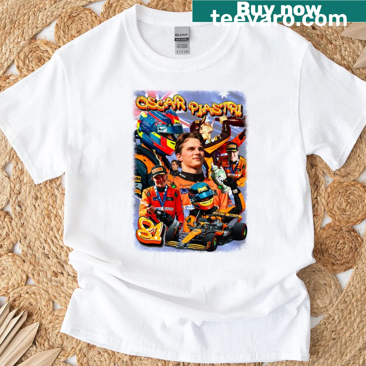 Bootleg style graphic t-shirt featuring Oscar Piastri's design. — on a men's t-shirt