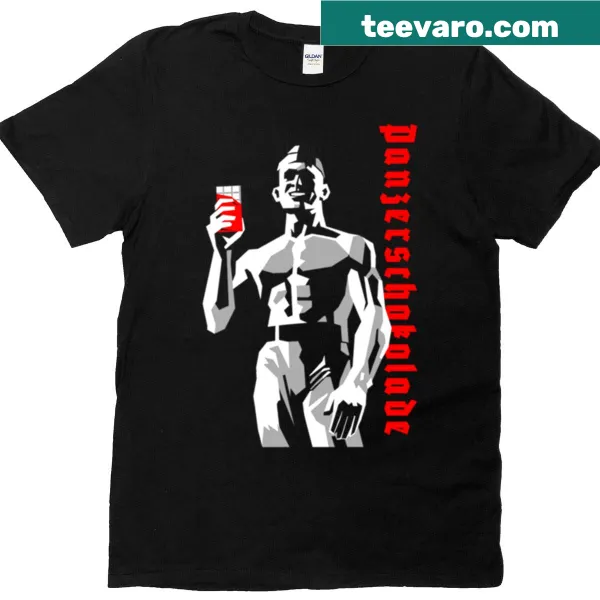 Minimalist T-shirt with 'Panzerschokolade' typography on black background