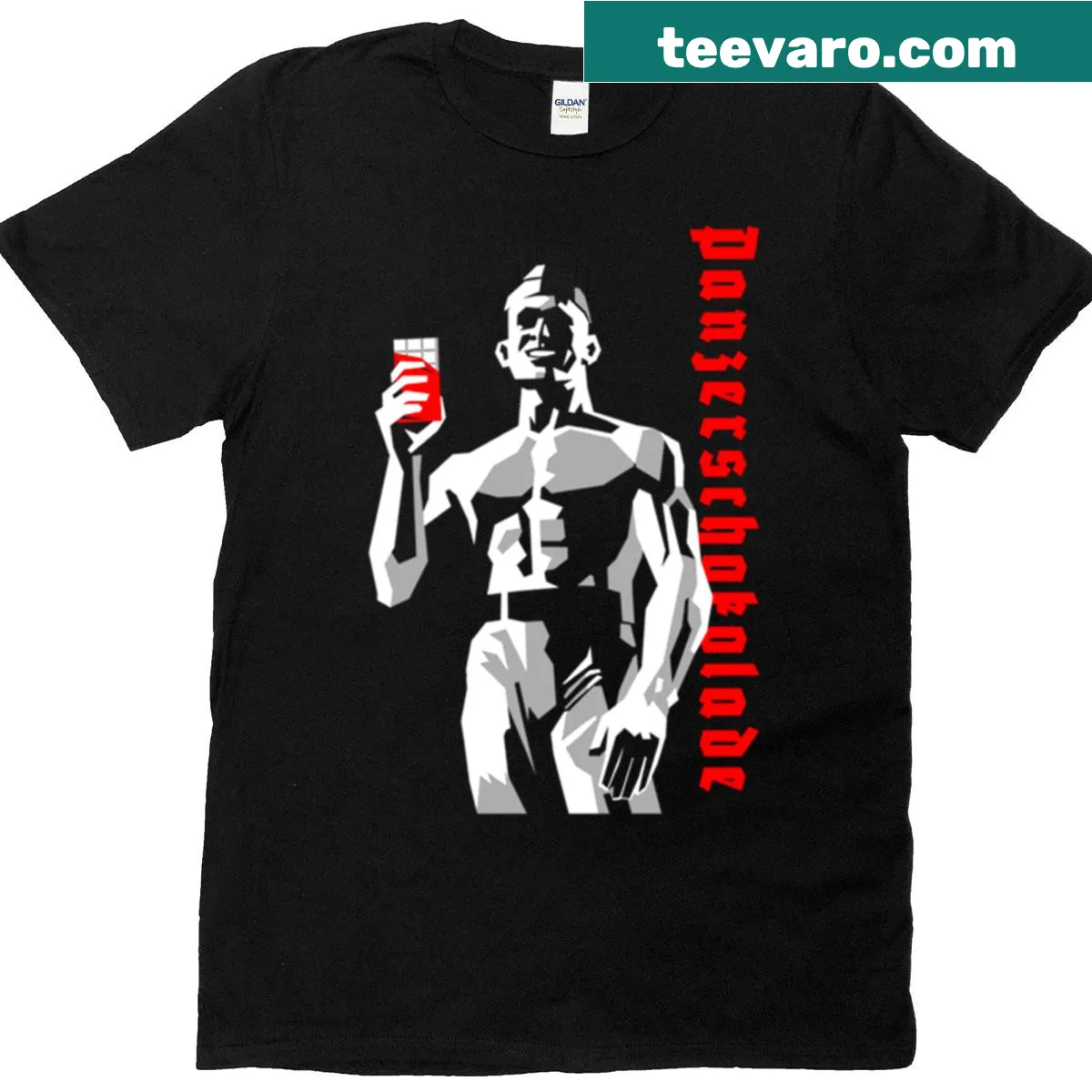 Minimalist T-shirt with 'Panzerschokolade' typography on black background — on a men's t-shirt