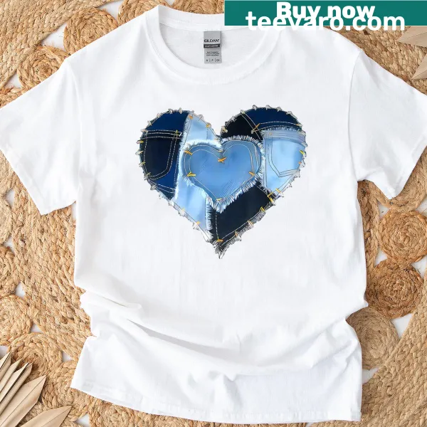 Illustration of a patchwork heart design on a denim-themed T-shirt