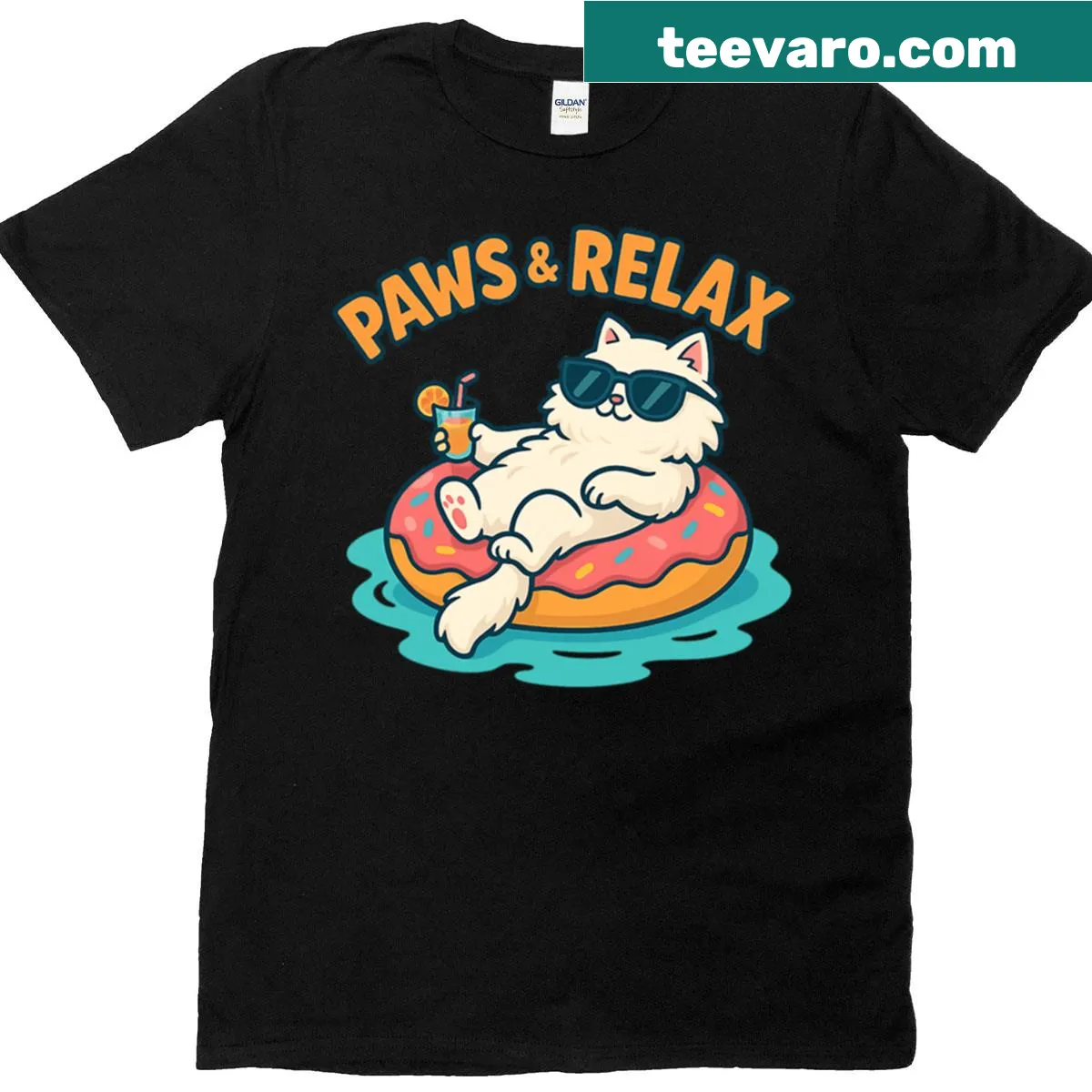 Cute t-shirt featuring a cat on a donut float — on a men's t-shirt