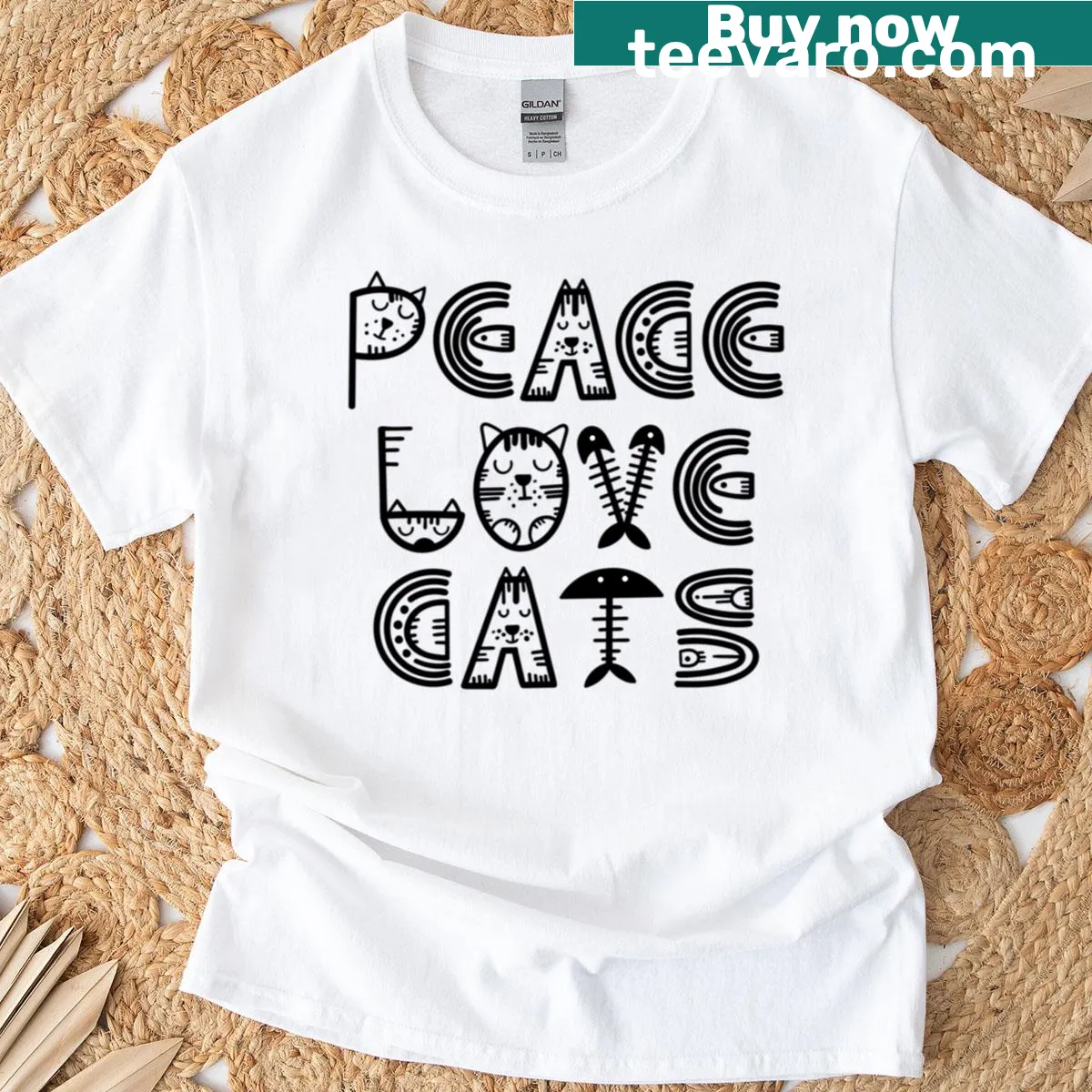 Minimalist tee with 'Peace Love Cats' graphic — on a men's t-shirt