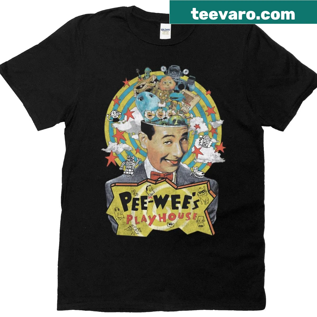 Whimsical Pee Wee Herman Playhouse themed t-shirt — on a men's t-shirt
