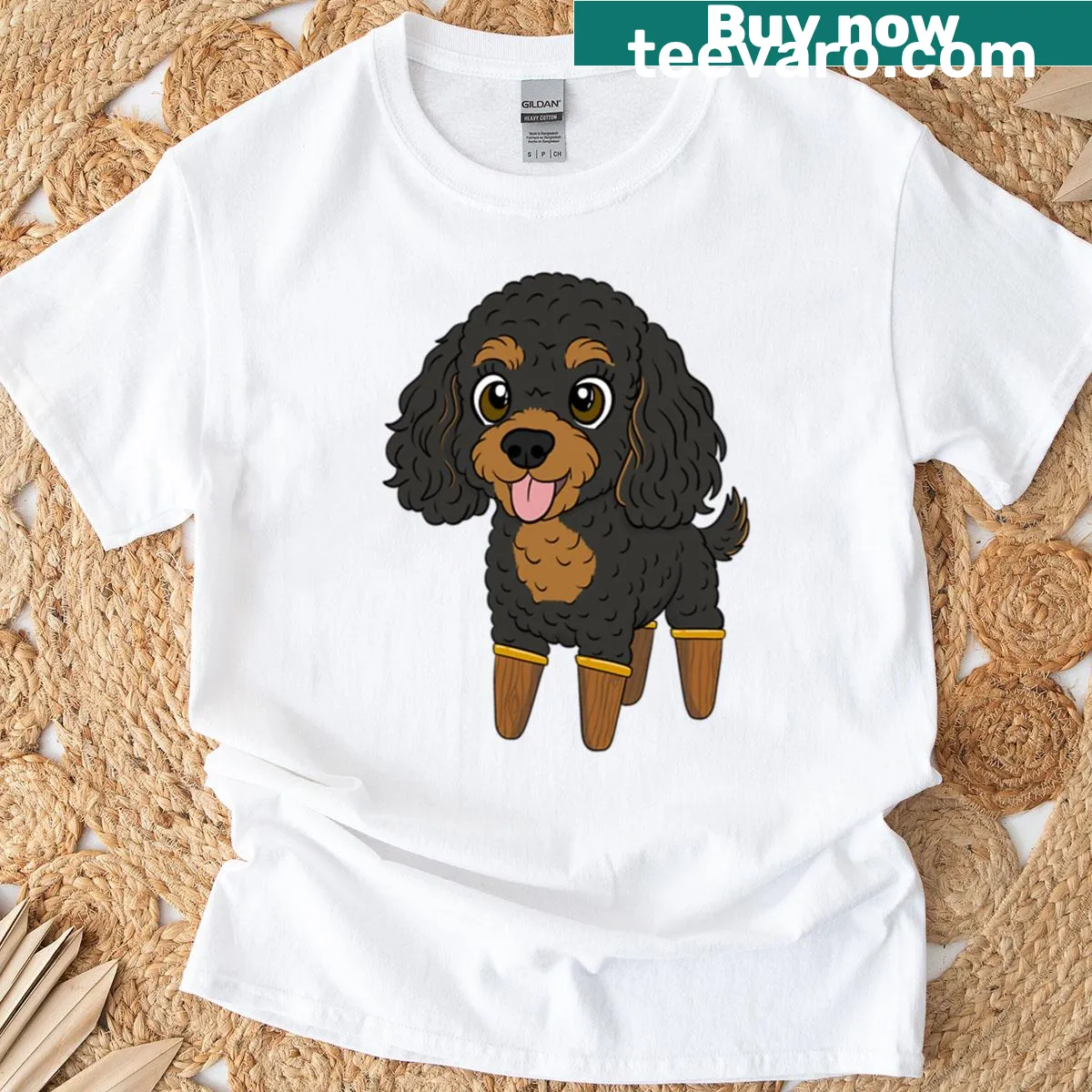 Cartoon design of a puppy with a peg leg — on a men's t-shirt