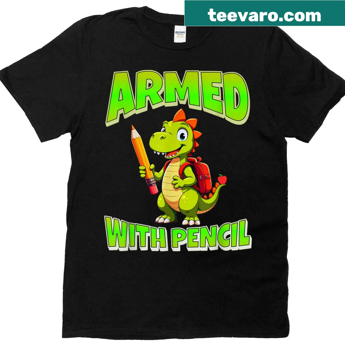 Playful T-shirt featuring a dinosaur and pencil design illustration — on a men's t-shirt